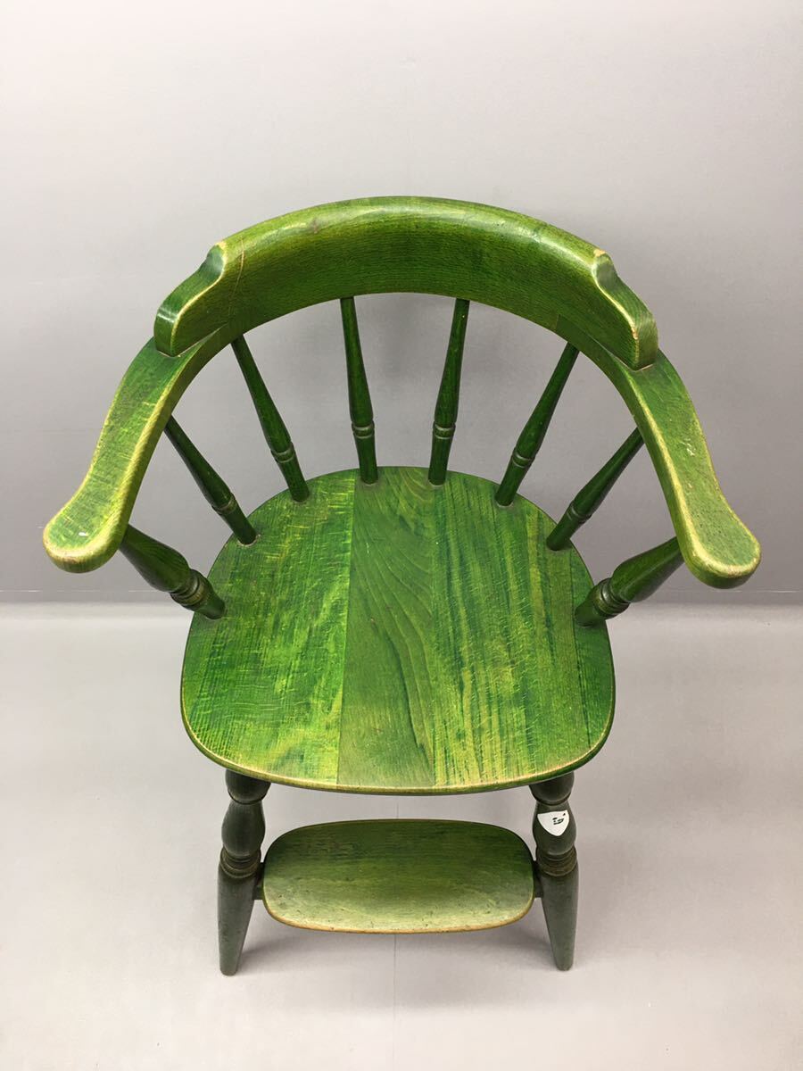 SU■ 飛騨産業 キツツキ ベビーアームチェア 木製 緑 グリーン 子供椅子 ハイチェア ウィンザーチェア ベビーチェア レトロ アンティーク