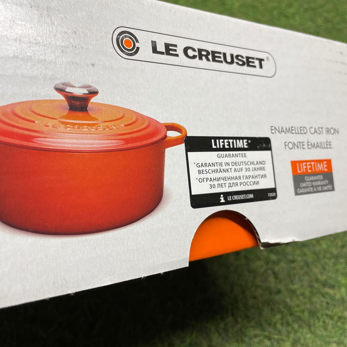 GX525 LE CREUSET ル・クルーゼ 両手鍋2117718-18cm ココット ロンド ホーロー鍋 料理 調理器具 オレンジ 箱汚れ破れ有り 未使用 保管品 鍋の画像9