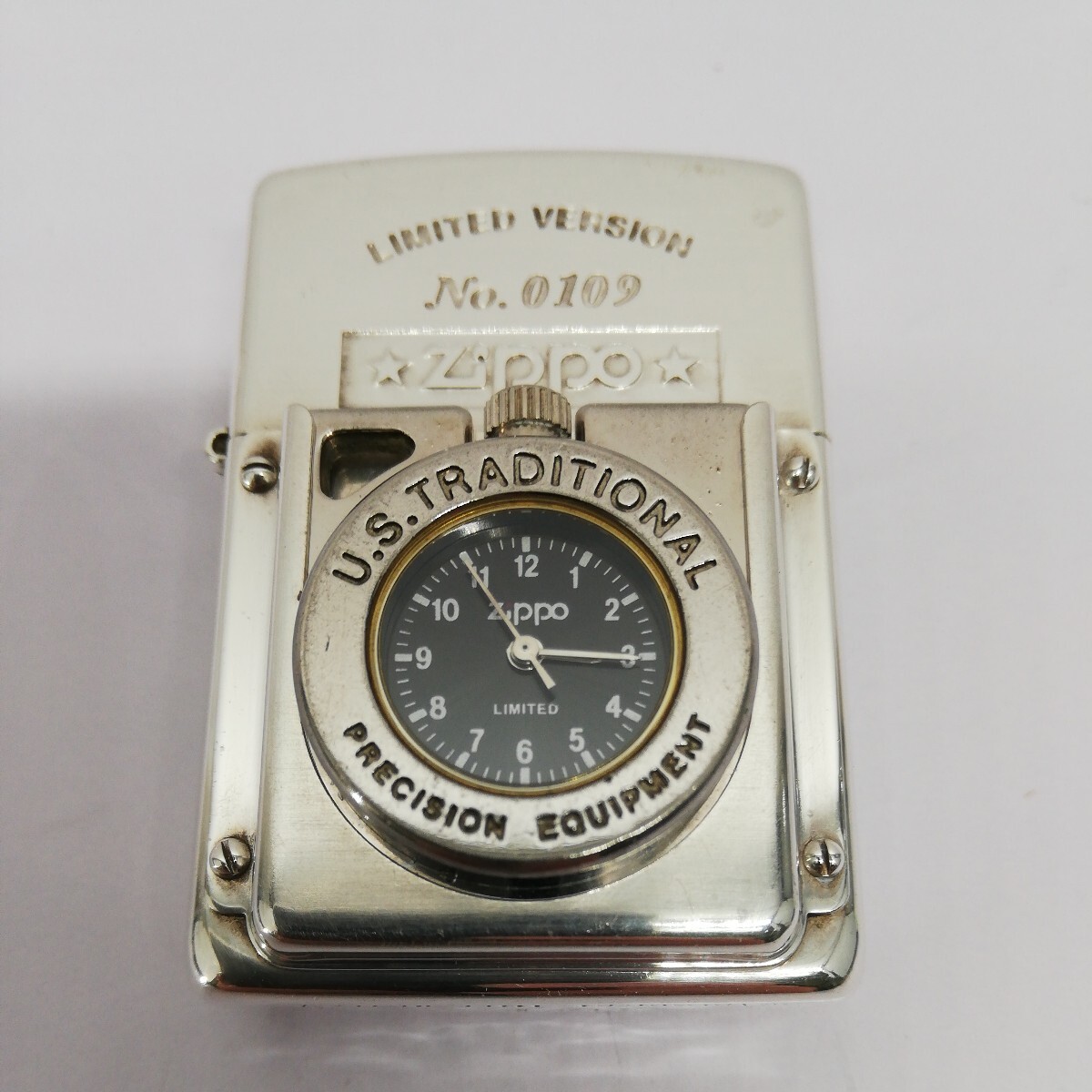 レ) Zippo ジッポーライター TIME LITE U.S.TRADITIONAL 時計付 1996年製 中古 喫煙グッズ オイルライター Limited 限定 タイムライト 管Kの画像1