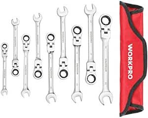 WORKPRO フレックスラチェットレンチ コンビネーションレンチ 首振り 8~19mm 72ギア 9本組 スパナ 組み立て 自動