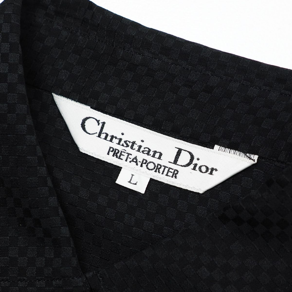 MG2444☆クリスチャンディオール プレタポルテ Christian Dior 総シルク ブラウス シャツ ブロックチェック柄 ロゴ 長袖 ブラック L