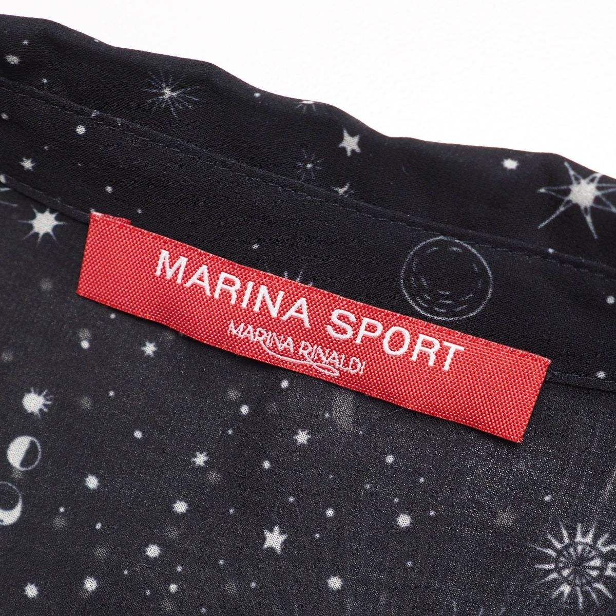 GO4471☆マリナスポーツ MARINA SPORT シフォンブラウス シャツ スキッパーシャツ 透け感 長袖 星柄 宇宙柄 ネイビー系 Lサイズ相当_画像7