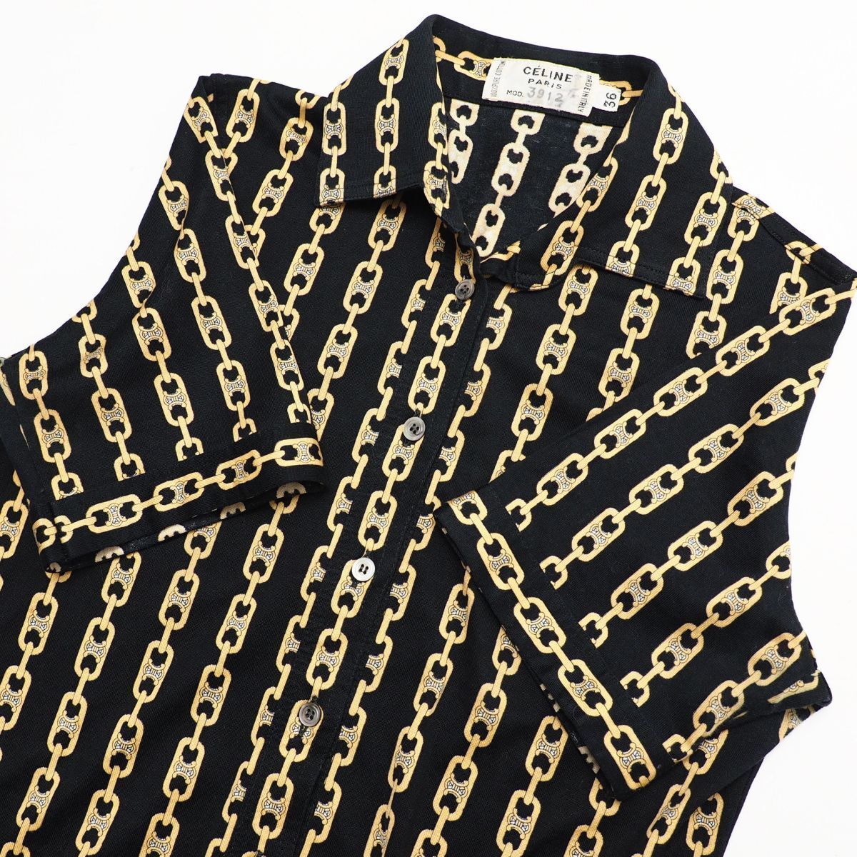 MF7984* Италия производства Celine CELINE Vintage рубашка tops хлопок cut and sewn ткань Macadam рисунок цепь рисунок чёрный × желтый цвет серия размер 36