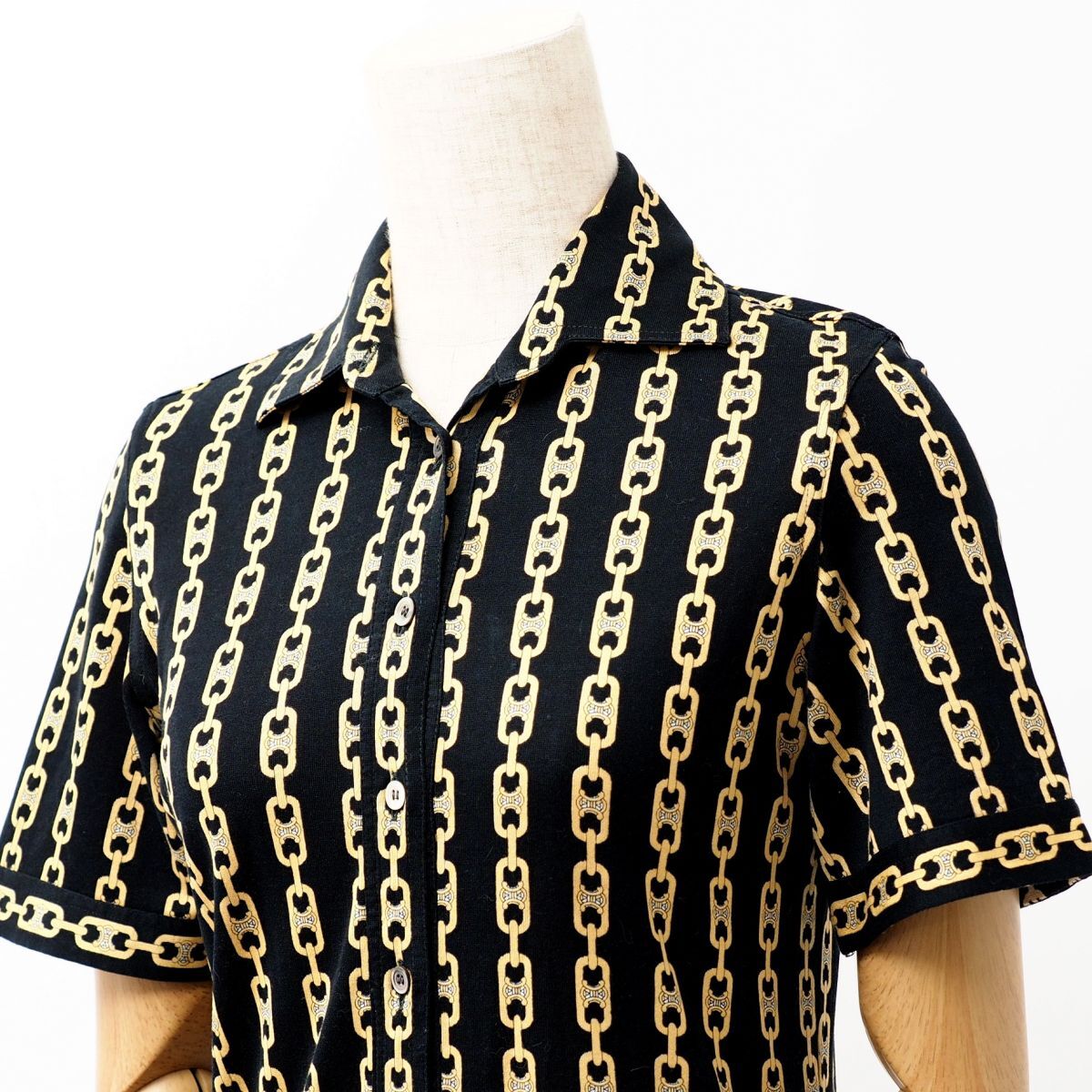 MF7984* Италия производства Celine CELINE Vintage рубашка tops хлопок cut and sewn ткань Macadam рисунок цепь рисунок чёрный × желтый цвет серия размер 36