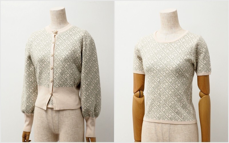 TH3899# Amy Ist wa-rueimy istoire* ensemble knitted * knitted cardigan + short sleeves *ES Logo * monogram * ivory × green group *F