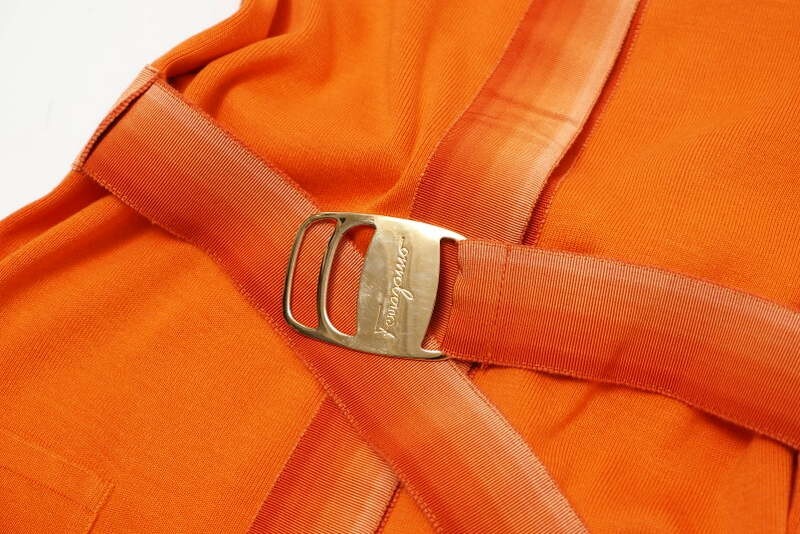 MF6239# Italy made * Salvatore Ferragamo Salvatore Ferragamo* cotton knitted * collar attaching short sleeves One-piece * waist belt * knees under * orange *S