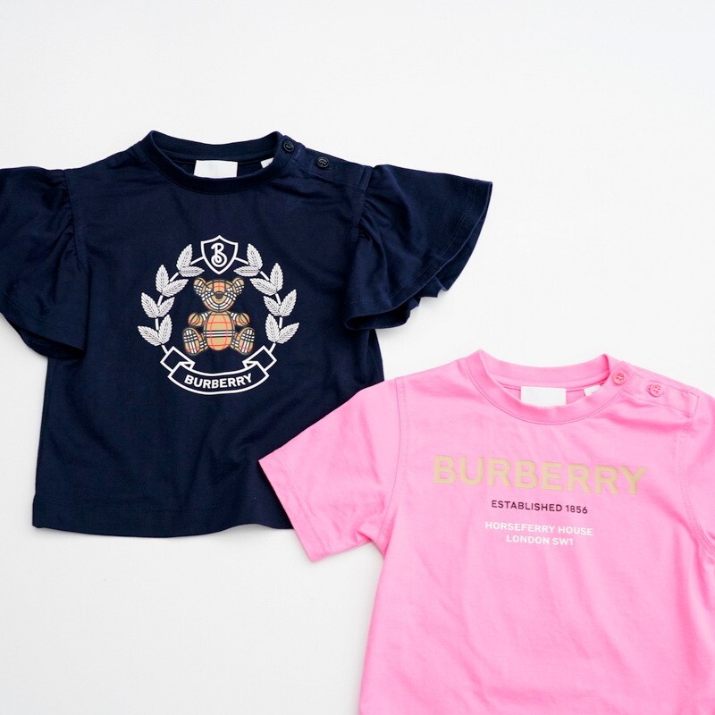 GO8607#2点セット*バーバリー BURBERRY*コットン100％*Tシャツ×2*ベビー*女の子*袖フリル*ロゴ*テディベア*ピンク、ネイビー*2Y 92cmの画像3