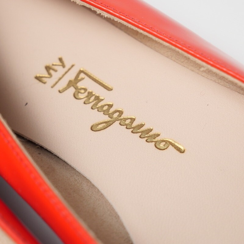 GO6915*イタリア製*マイフェラガモ My Ferragamo*Size 7M*パテントレザー*オープントゥパンプス*フラットシューズ*リボン*靴*レッド系_画像8