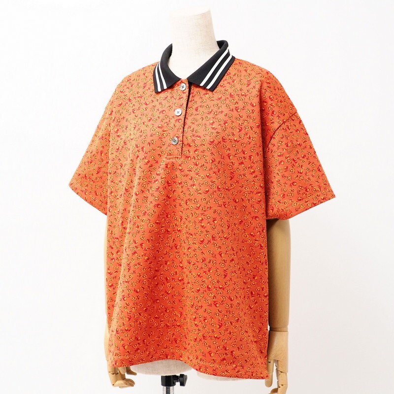 TG4702#ポールスミス Paul Smith*ポロシャツ*半袖*花柄/フラワー*襟:ライン入り*オレンジ×ブラック系*XLの画像1