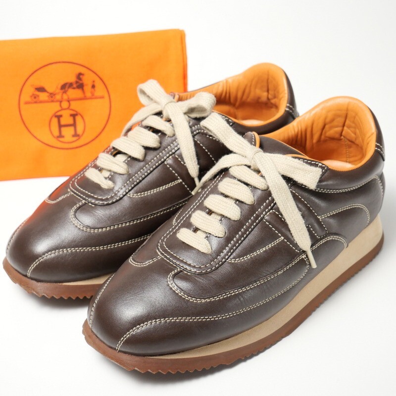 GP6891*イタリア製*エルメス HERMES*《クイック Quick》Size 36*Hロゴ*レザースニーカー/レザーシューズ/ローカット/革靴*ブラウンの画像1