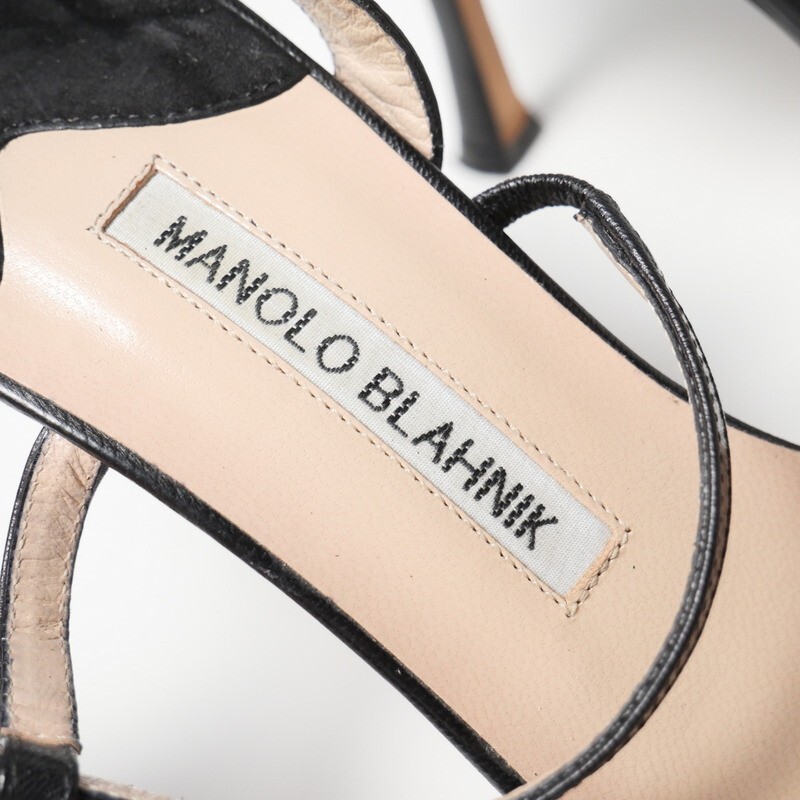 GO9926*イタリア製*MANOLO BLAHNIK マノロブラニク*レザーミュール*ストラップサンダル*スエード切替*37.5(24cm相当)*靴*ブラックの画像6