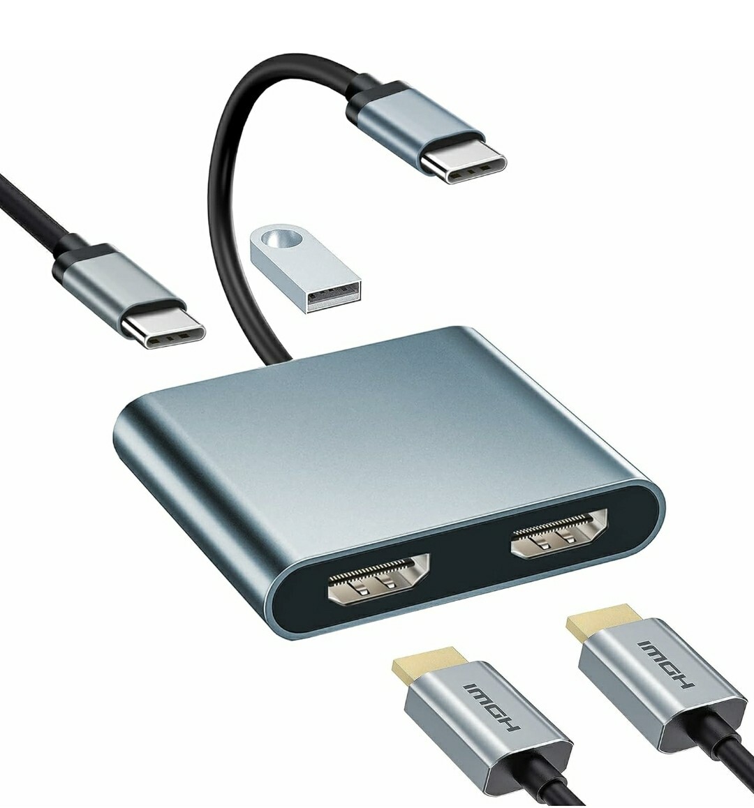 USB C HDMI 変換アダプター デュアル HDMI Type-C マルチディスプレイアダプタ 3画面 4-in-1 USB HDMI 2ポートHDMI拡張【4K対応2つのHDMI_画像1