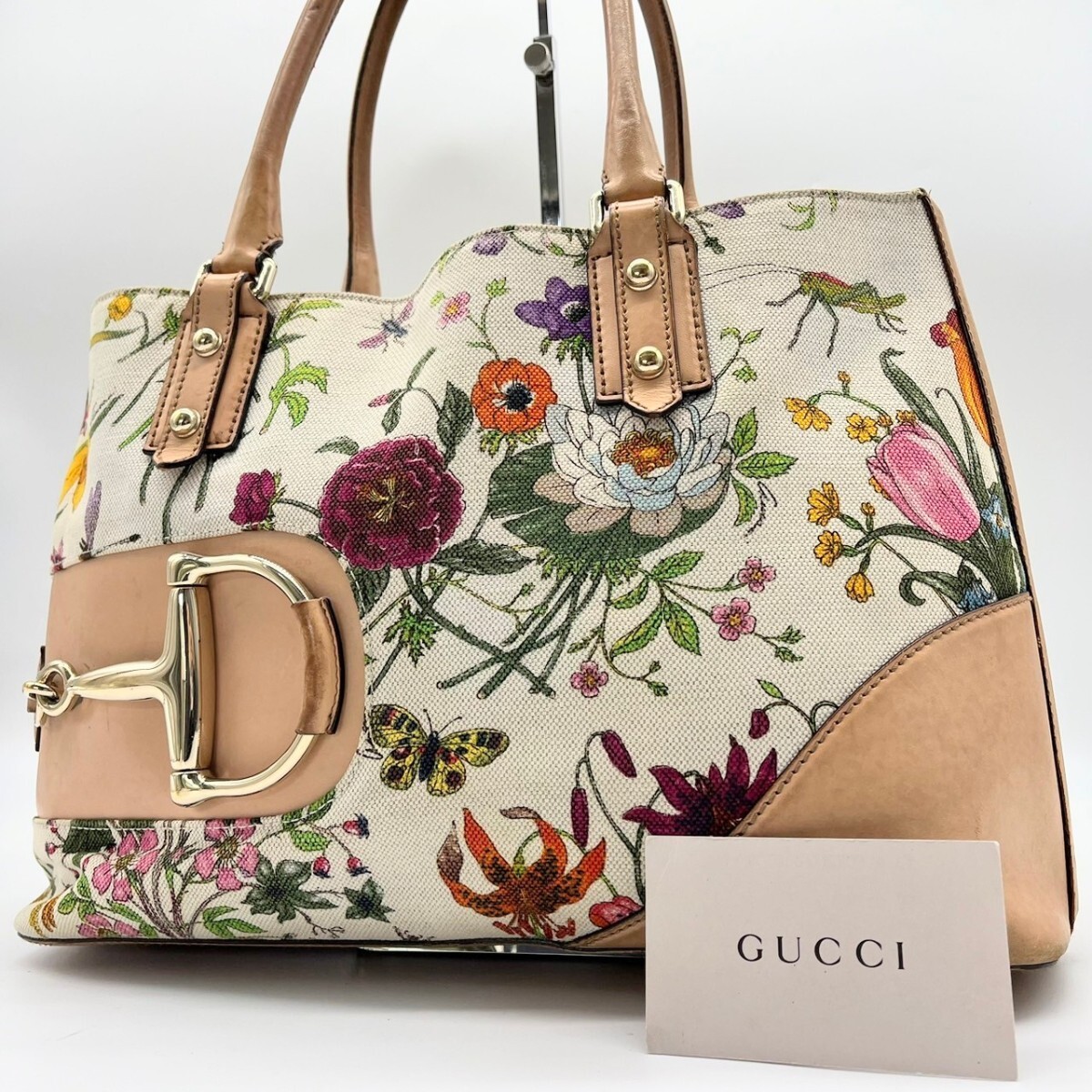 美品☆GUCCI グッチ トートバッグ ホースビット フローラ 花柄 総柄 ショルダーバッグ キャンバス レザー ハンドバッグ ベージュ フラワー_画像1