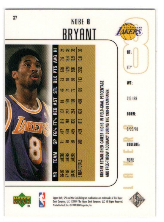 Kobe Bryant 1999-00 Upper Deck SPx #37の画像2