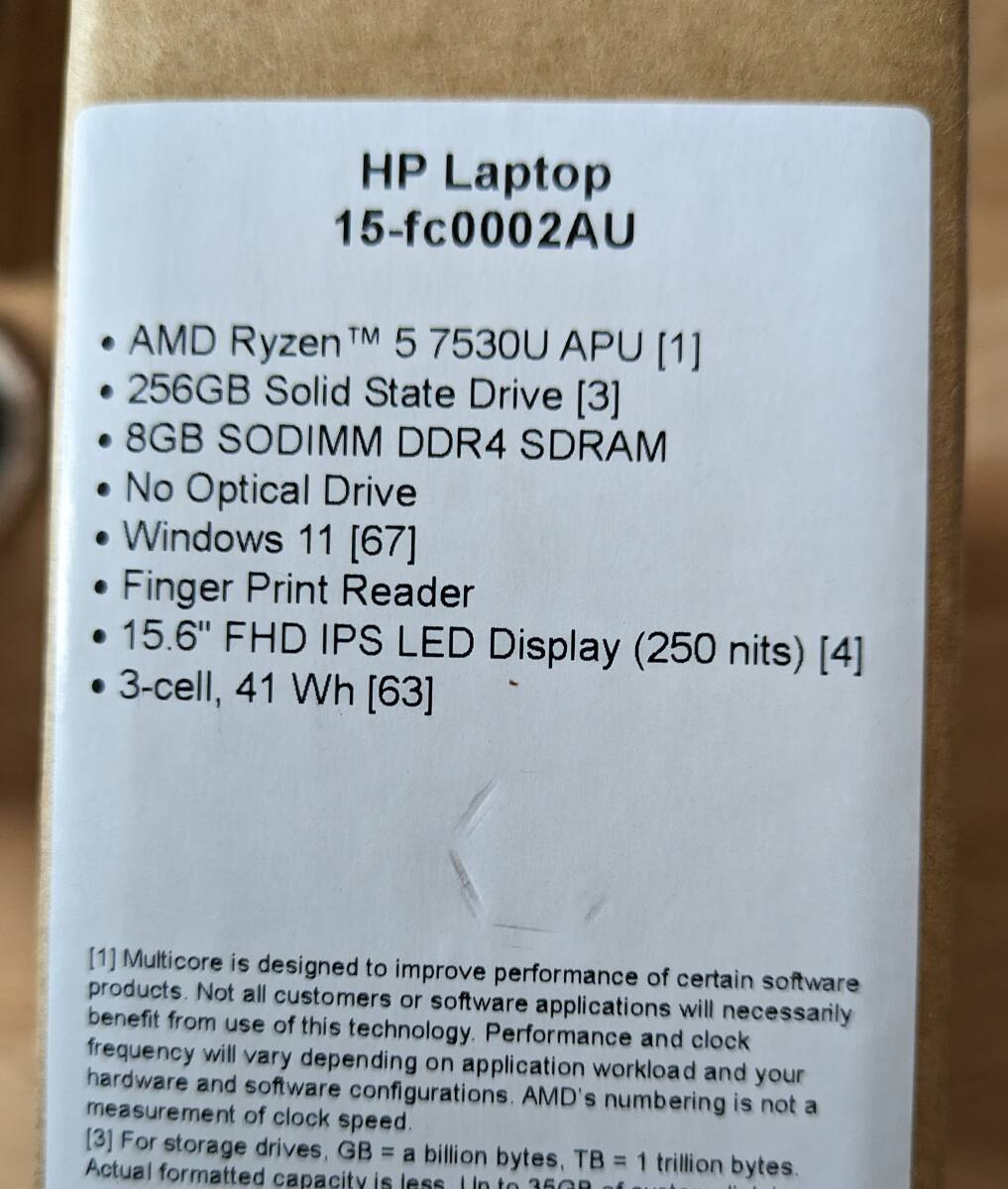 【新品未使用】HP 15-fc0002AU（Ryzen 5 7530U/8GB/256GB SSD/15.6インチ/FHD/非光沢/IPS/指紋認証/Windows 11 HOME）（その４）の画像2