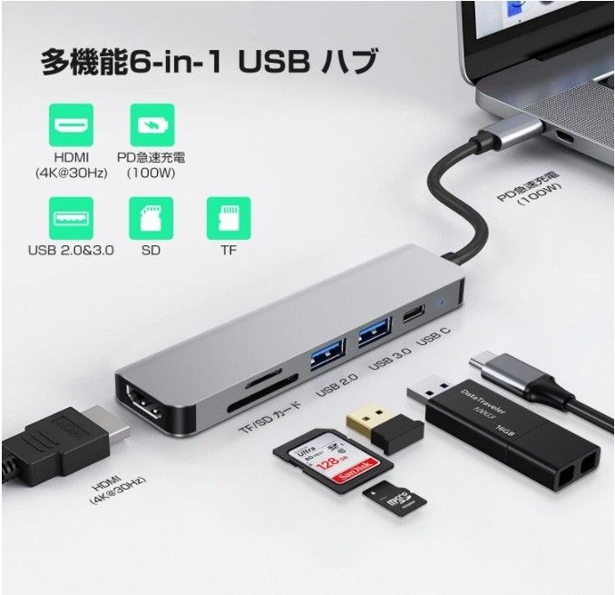 ＜訳あり＞TYPE C複合ハブ：(PC接続TYPE C-Ax2、HDMI、PD、SD系)