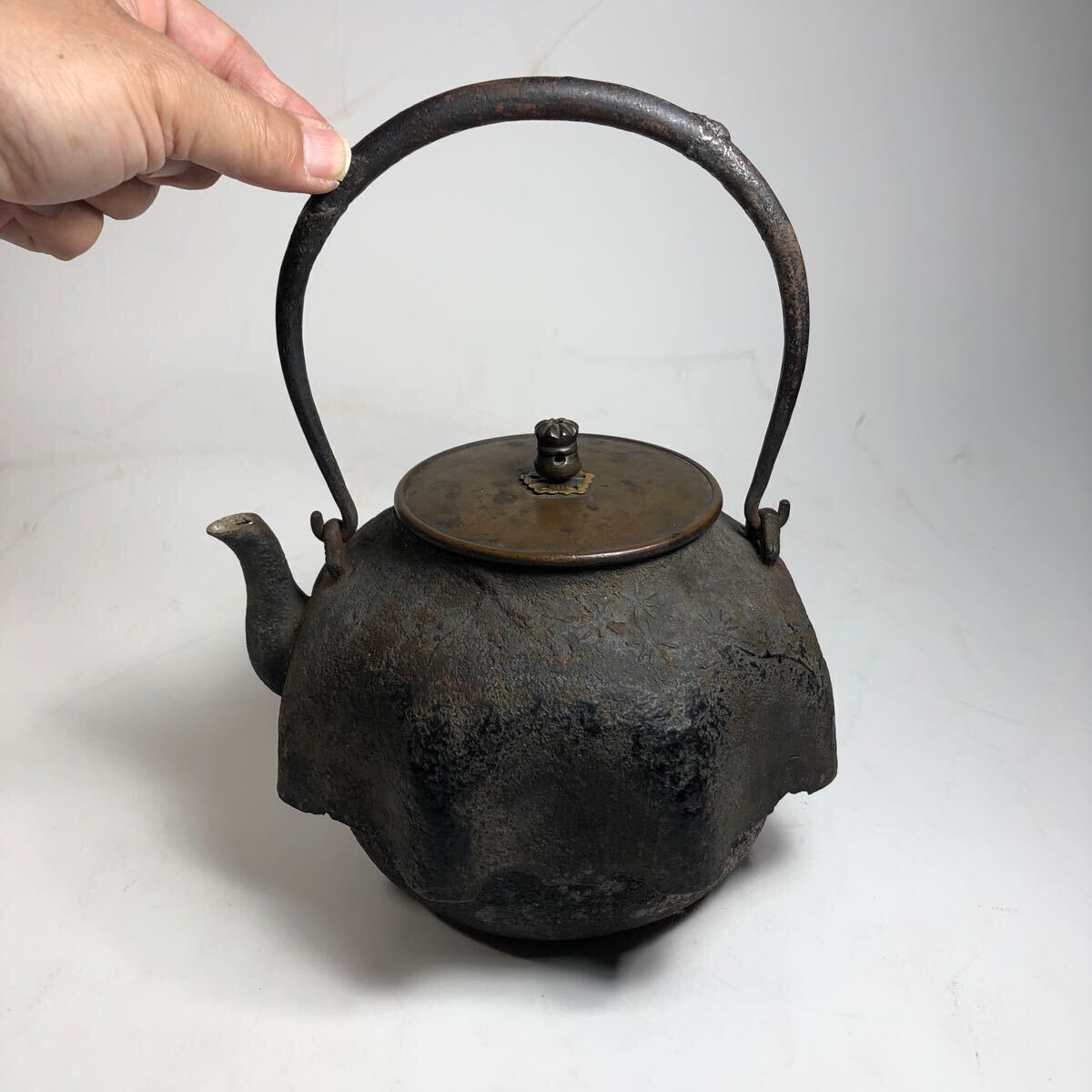 龍文堂 造 張笠型 時代鉄瓶 梅竹笹寿図 花枝紋様 王朝摘 茶道具 煎茶道具 古美術_画像1