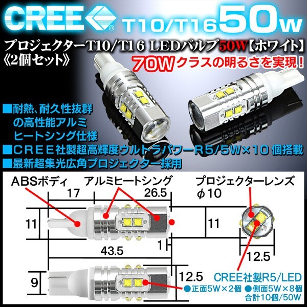 T10/T16 ホンダ車 50W CREE製LEDプロジェクターバルブホワイト2個/白70Wクラスの光を実現1年保証_画像4