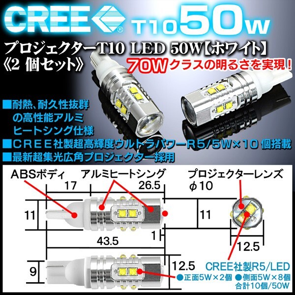 T10/T16 ベンツ/BMW/ミニ 50W ナンバーランプ/CREE製LEDプロジェクターバルブ白2個/1年保証_画像4