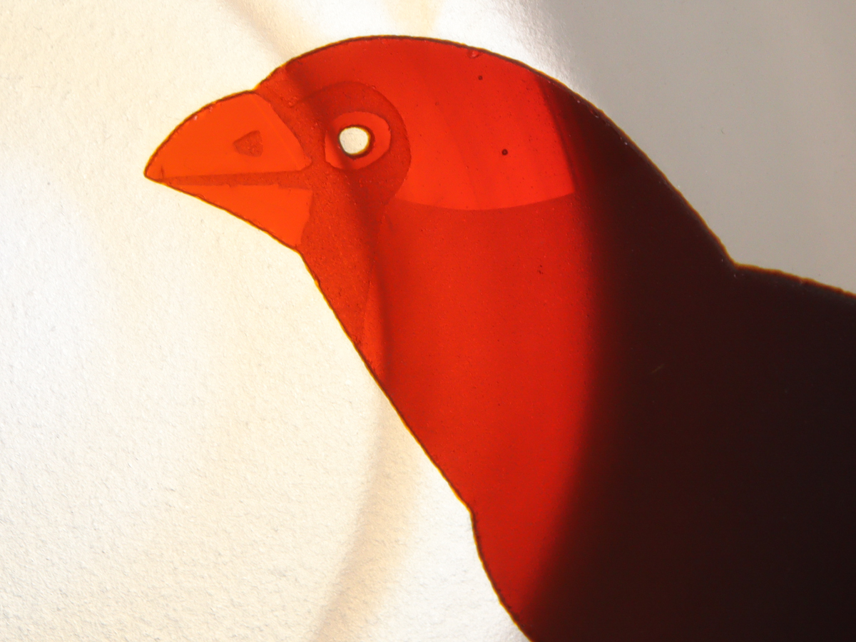 bEkW 被せガラス 乳白赤銅色鳥飾り皿 31cm サンドブラスト の画像7