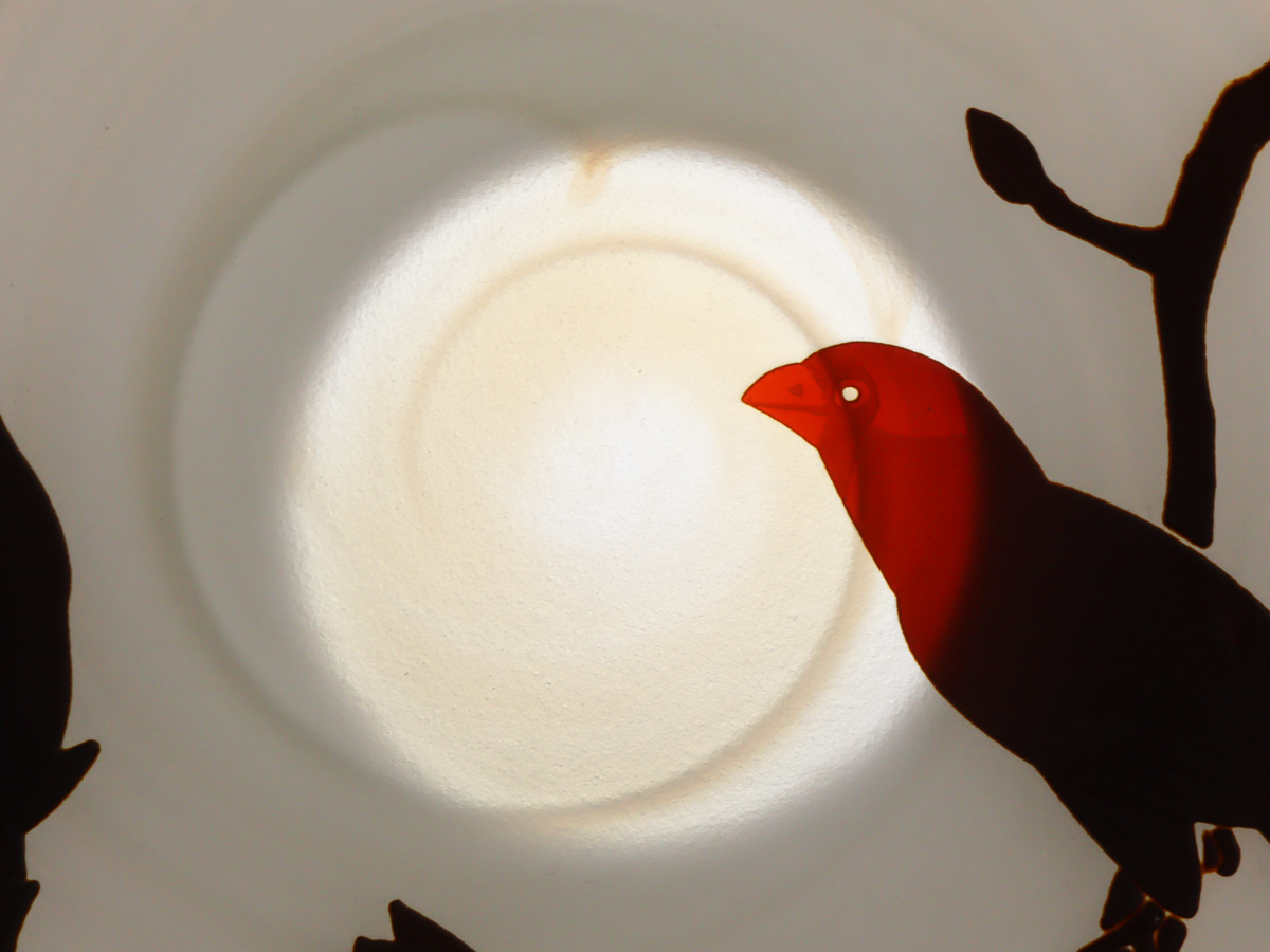 bEkW 被せガラス 乳白赤銅色鳥飾り皿 31cm サンドブラスト の画像6