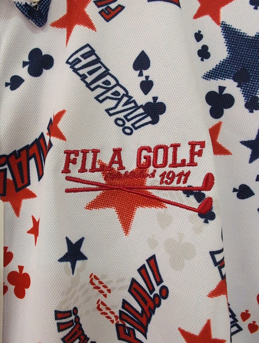 新品タグ付 FILA GOLF 吸汗速乾 UVCUT 半袖 ポロシャツ 鹿の子 ボタンダウン L 白 総柄 フィラ ゴルフ シャツ ゴルフウェア メンズ 春夏の画像3