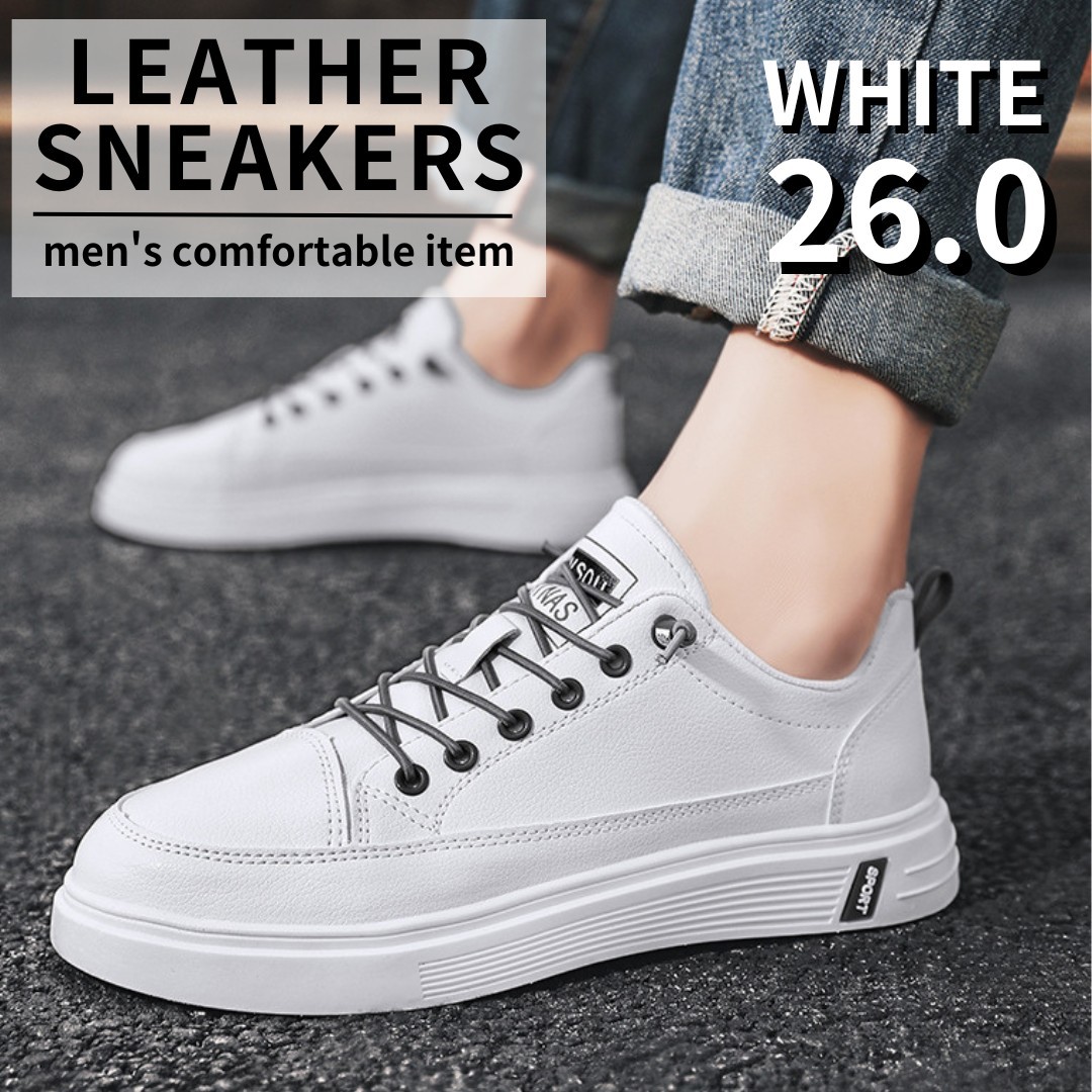 レザースニーカー 靴 紐靴 レースアップ PUレザー 合皮 柔軟 カジュアル ホワイト 26.0_画像1