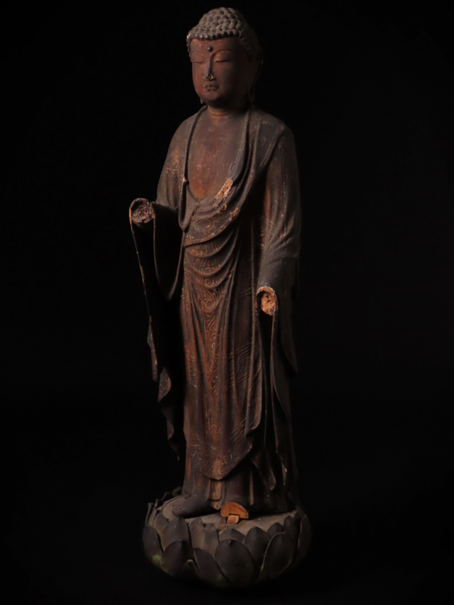 【ONE'S】時代仏教美術 木彫 玉眼 阿弥陀如来立像 高32cm 極上細密造 仏像 置物 東洋彫刻 古美術品_画像3
