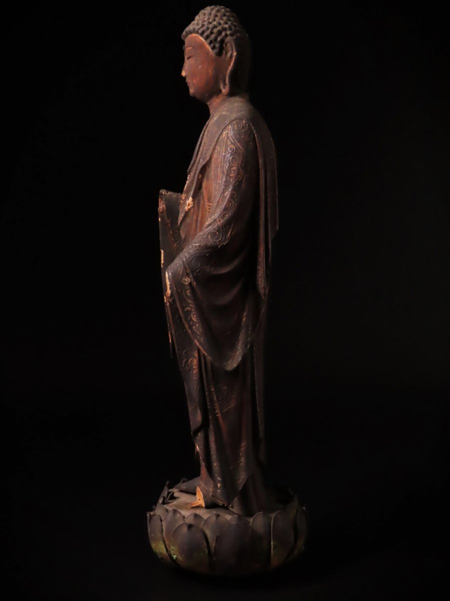 【ONE'S】時代仏教美術 木彫 玉眼 阿弥陀如来立像 高32cm 極上細密造 仏像 置物 東洋彫刻 古美術品の画像5