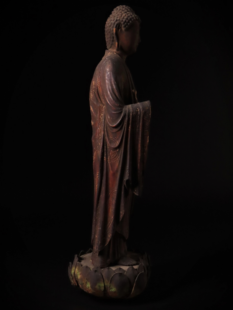 【ONE'S】時代仏教美術 木彫 玉眼 阿弥陀如来立像 高32cm 極上細密造 仏像 置物 東洋彫刻 古美術品の画像6