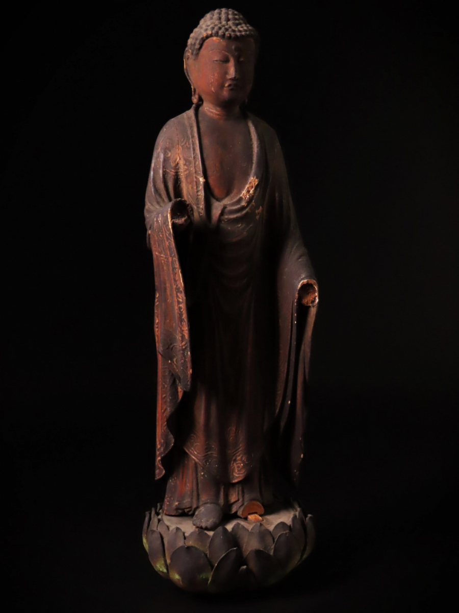 【ONE'S】時代仏教美術 木彫 玉眼 阿弥陀如来立像 高32cm 極上細密造 仏像 置物 東洋彫刻 古美術品_画像4
