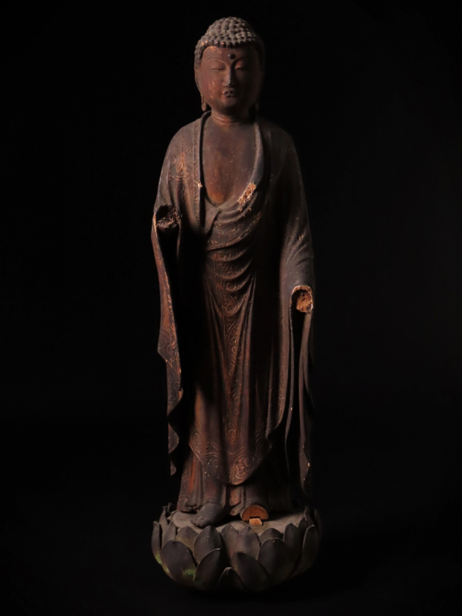 【ONE'S】時代仏教美術 木彫 玉眼 阿弥陀如来立像 高32cm 極上細密造 仏像 置物 東洋彫刻 古美術品_画像2