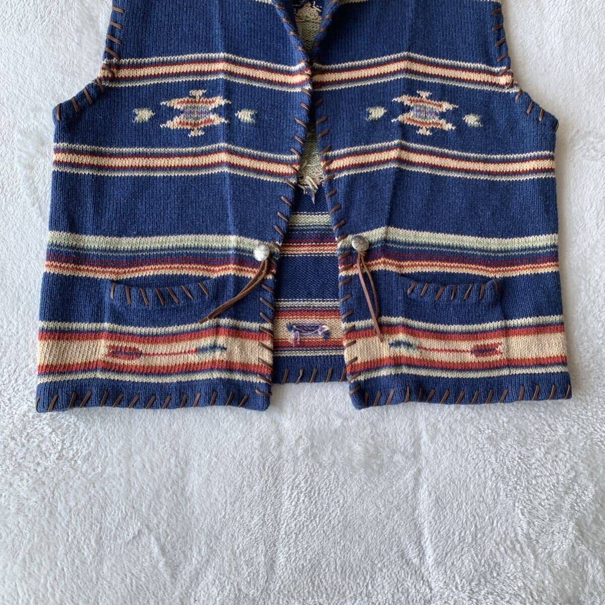 【希少】90s RALPH RALPH LAUREN ラルフローレン コットン 綿 ニット ベスト ショールカラー チマヨ ネイティブ コンチョ ヴィンテージ_画像7