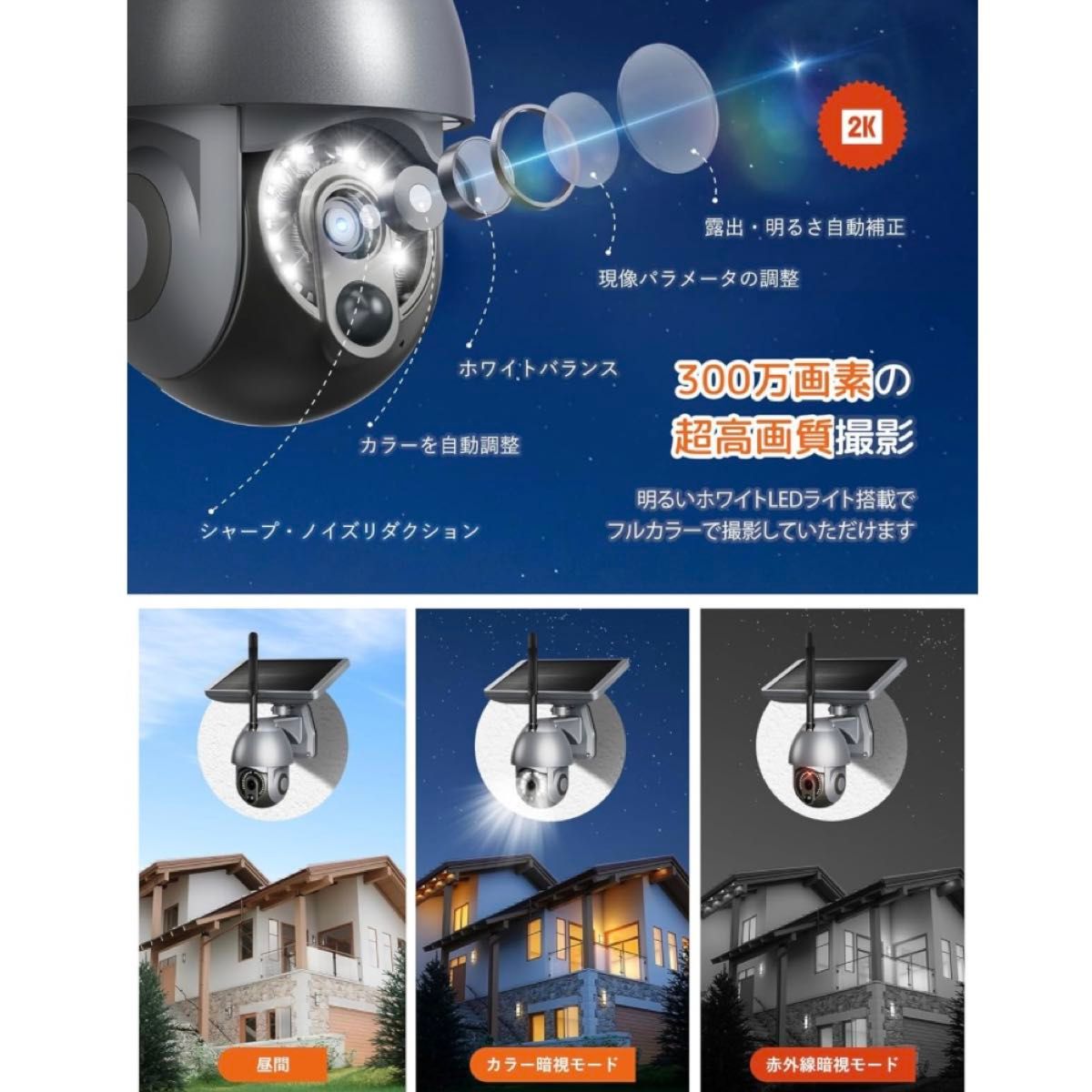 防犯カメラ 屋外 ソーラー ワイヤレス無線 360°PTZ 全方位保護 見守りカメラ 赤外線暗視 300万画素 高画質 首振り