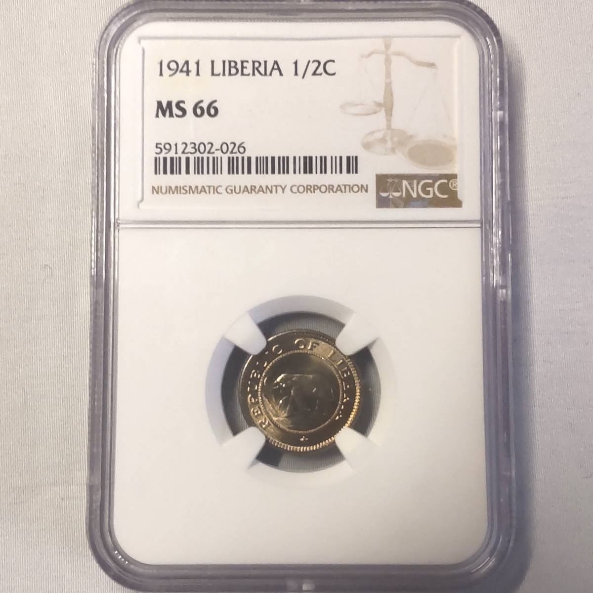 【稀少・高鑑定】1941年 リベリア 1/2セント NGC MS66 白銅貨 エレファント ゾウ モダンコイン コレクション _画像1