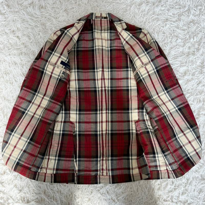LARDINI テーラードジャケット リネン シルク チェック レッド ラルディーニ 絹 麻 XS相当 背抜き size:42_画像2