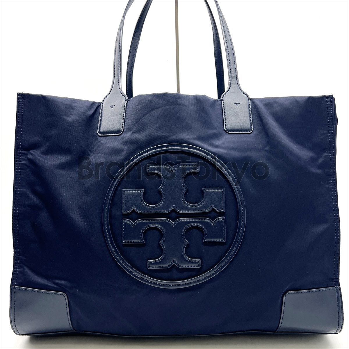 鑑定済 TORY BURCH トリーバーチ エラ トートバッグ ビジネスバック ナイロン レザー ネイビー メンズ レディース 大容量 T-42 _画像2