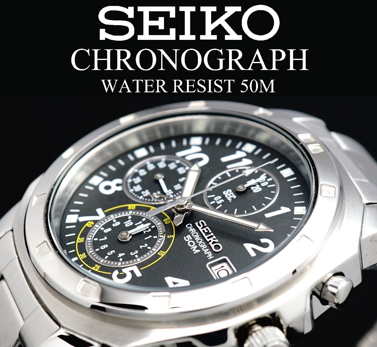 1円～ 1スタ セイコー 正規品 海外モデル SEIKO 逆輸入 美しいブラック 新品 1/20秒 クロノグラフ 腕時計50ｍ防水メンズ激レア入手困難の画像9