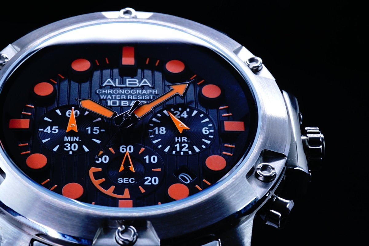 1円 セイコーALBA逆輸入Diver'sモデル美しすぎるBLACK×ORANGE秒針クロノグラフ100m防水新品入手困難アルバ日本未発売SEIKOの画像6