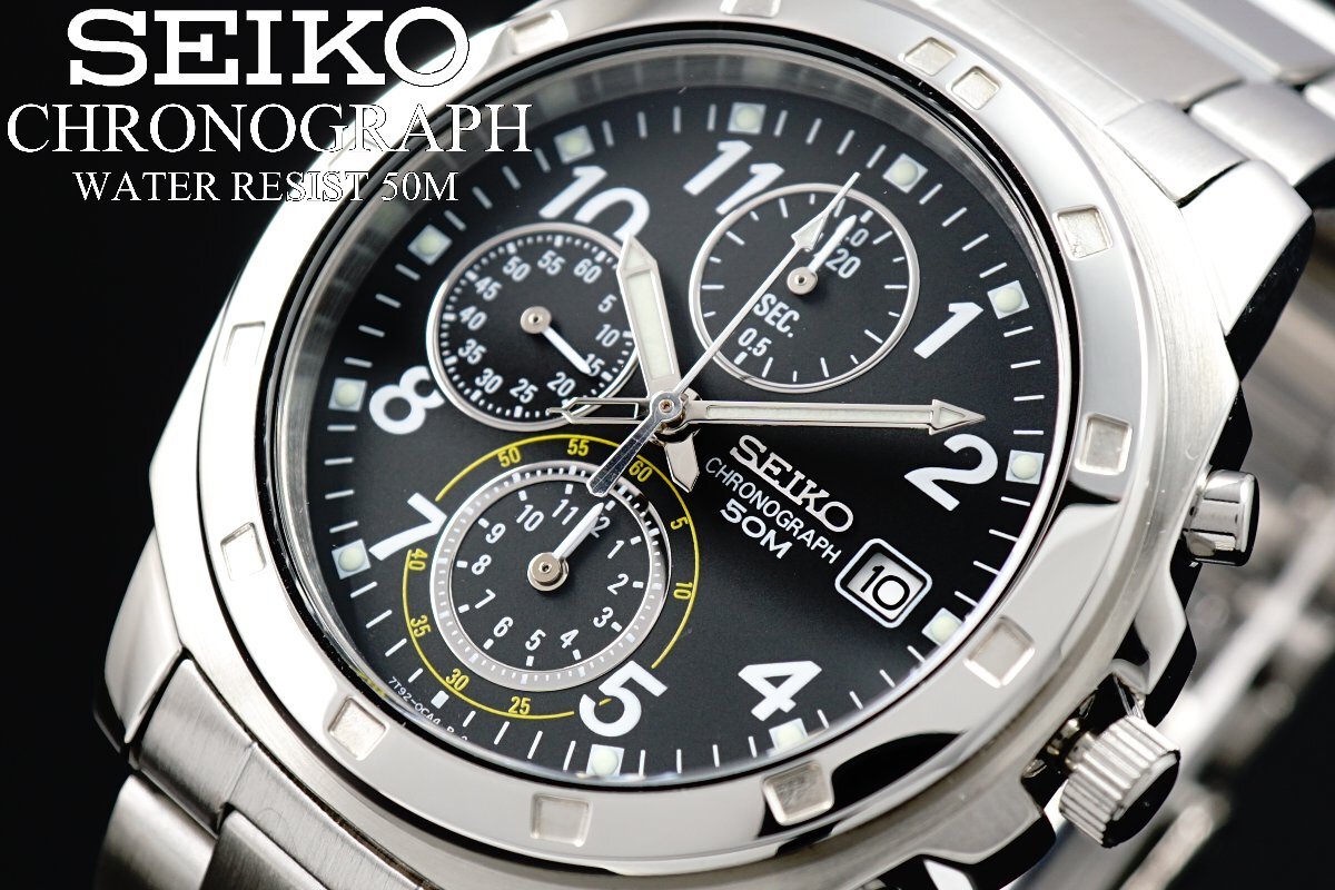 1円～ 1スタ セイコー 正規品 海外モデル SEIKO 逆輸入 美しいブラック 新品 1/20秒 クロノグラフ 腕時計50ｍ防水メンズ激レア入手困難の画像3