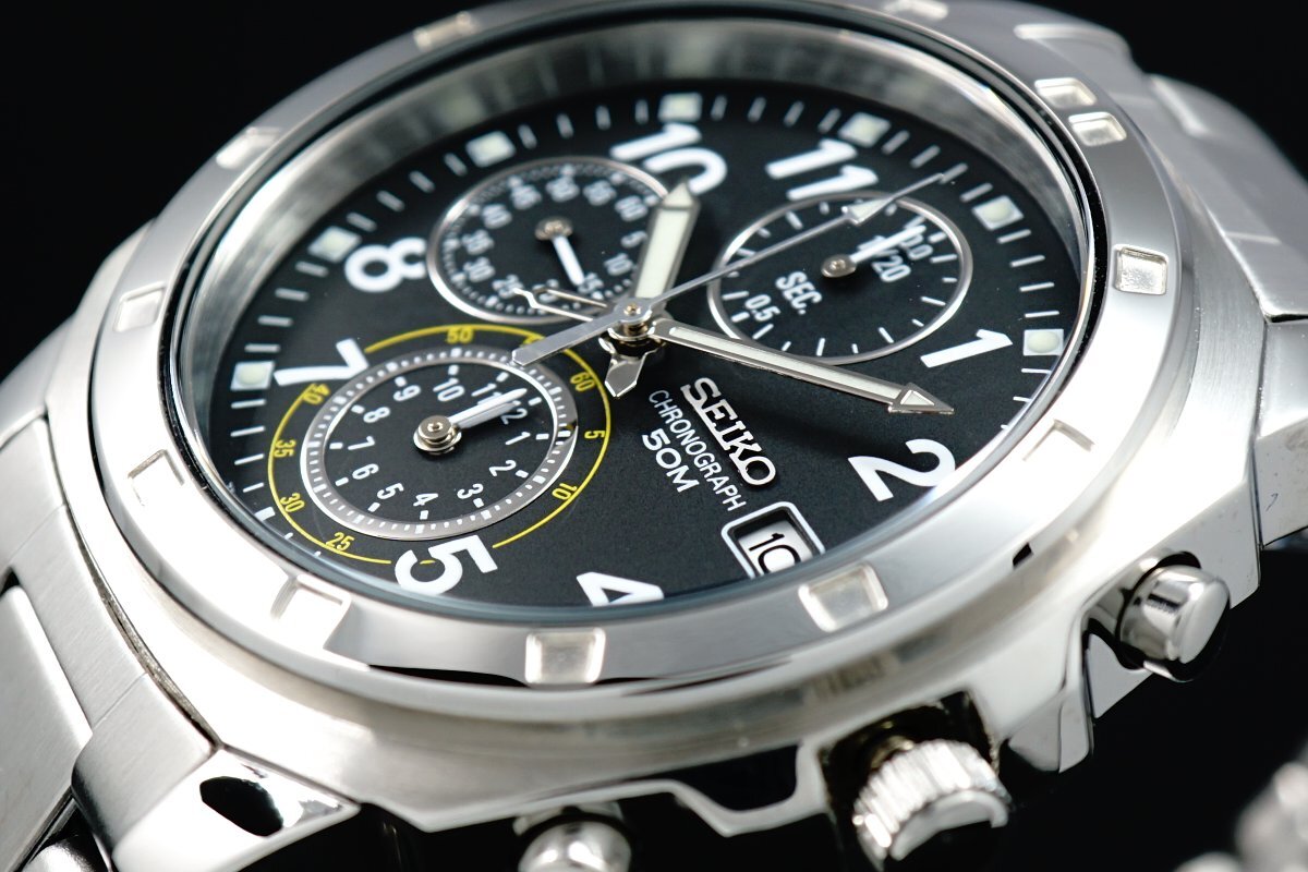 1円～ 1スタ セイコー 正規品 海外モデル SEIKO 逆輸入 美しいブラック 新品 1/20秒 クロノグラフ 腕時計50ｍ防水メンズ激レア入手困難の画像1