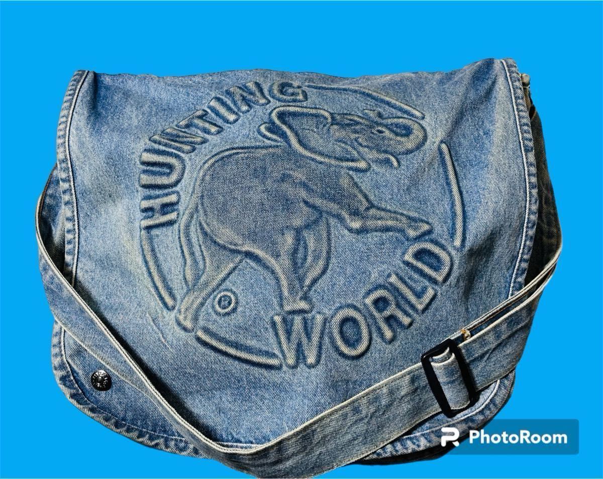 男女兼用終売品　中古ハンティングワールド HUNTING WORLD デニムバッグ　サファリロゴ　ショルダーバッグ斜め掛けバッグ