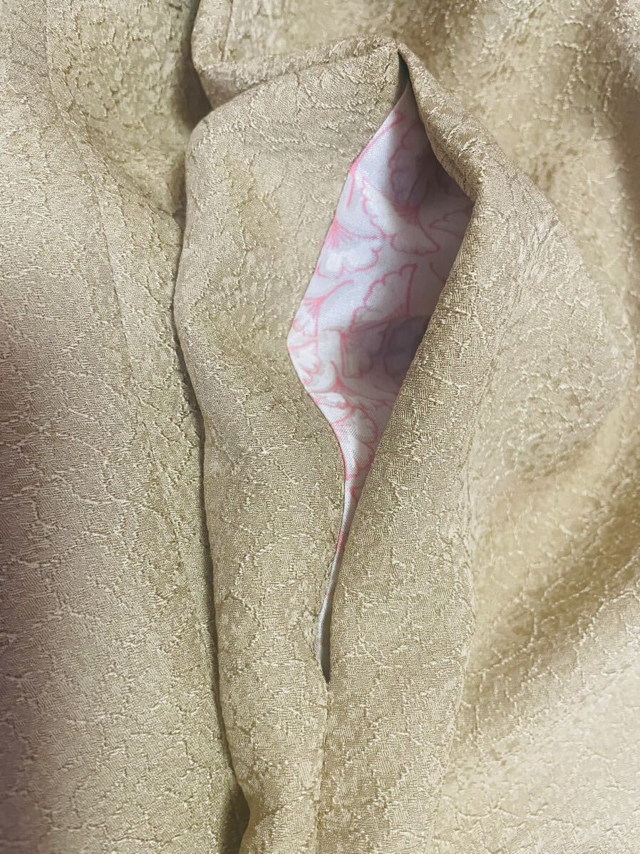 ★handmade着物リメイク：色無地カラシ色系正絹小紋からフリル袖ゆるワンピース：M~LL★