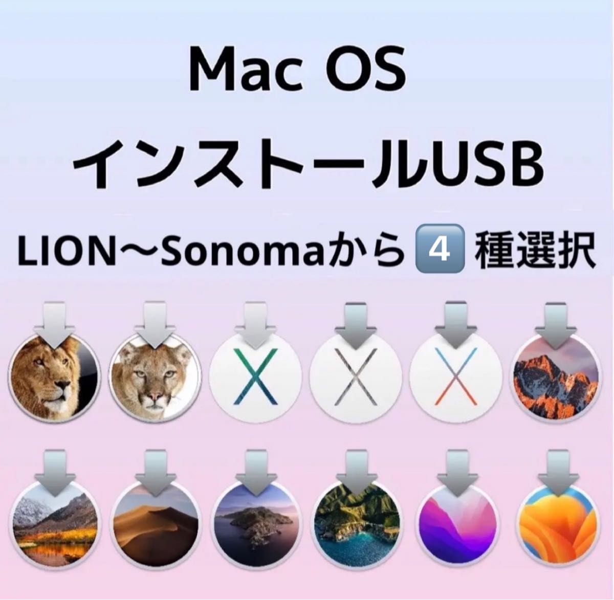 4種類選択 4-in-1 mac OS X Lion〜Sonoma インストールUSBメモリ 起動ディスクインストーラー