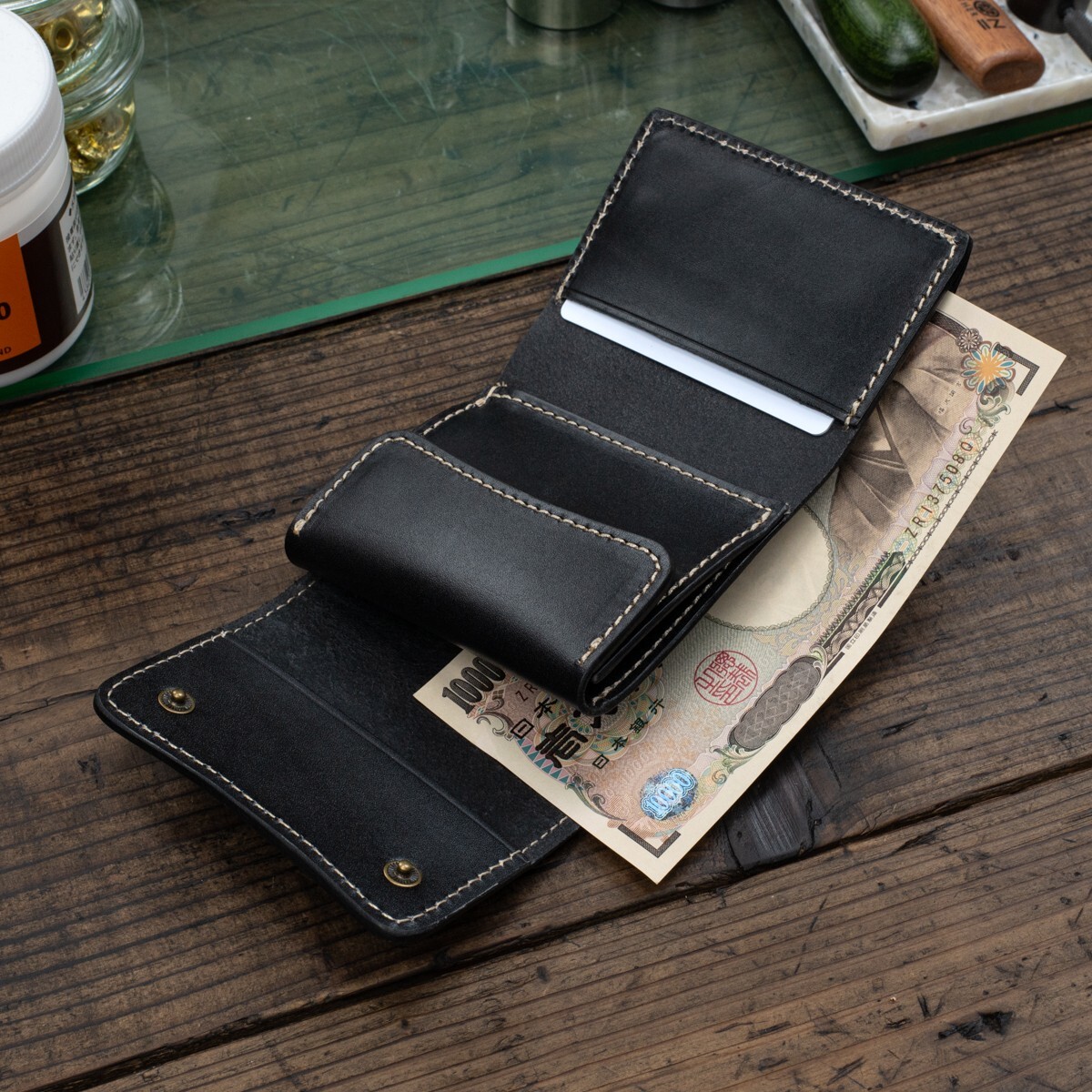 [ the truth thing photographing ] new goods original leather b ride ru leather men's three folding folding twice purse unused free shipping 1 jpy hand made black black rice field middle leather .