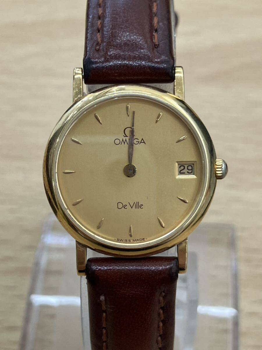 【不動品】OMEGA オメガ Deville デビル ゴールド文字盤 クォーツ 腕時計 750刻印 リューズ破損あり