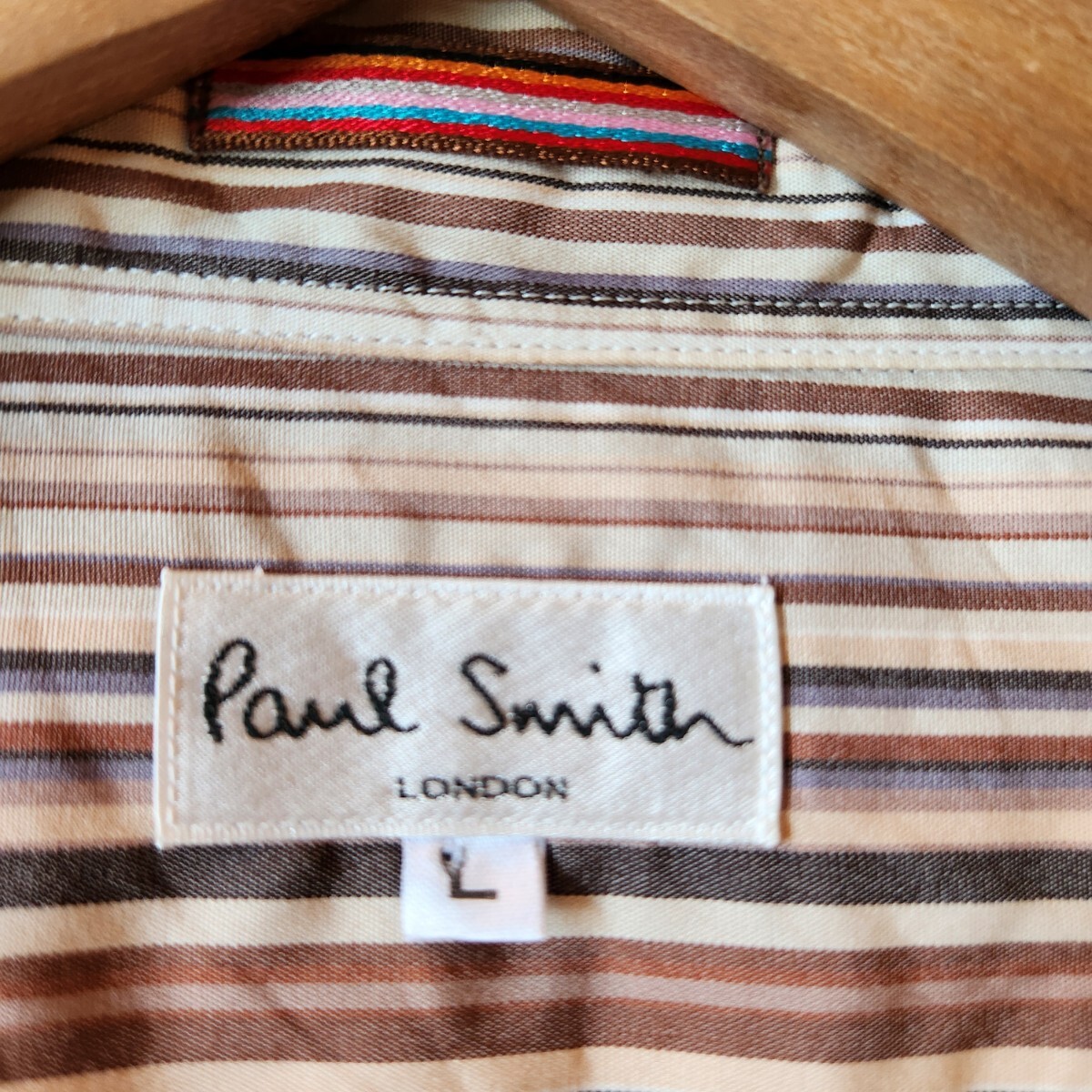 美品 Paul Smith【ロンドン 王道 マルチストライプ 希少サイズ L】ポールスミス LONDON シャツ 長袖 ブラウン ロングスリーブ コットン_画像9