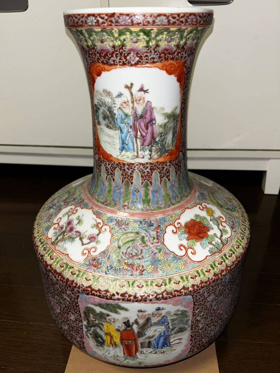 中国美術 大清乾隆年製銘 風景人物図 大花瓶 大壺 置物 時代物 古美術 中国美術 手描き 47cmの画像1