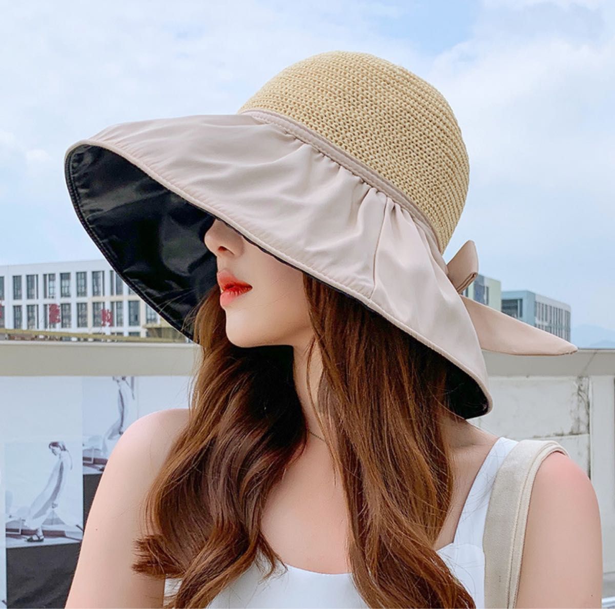 オフホワイト レディース 日よけ帽子 紫外線対策 UVカット 夏 日焼け防止