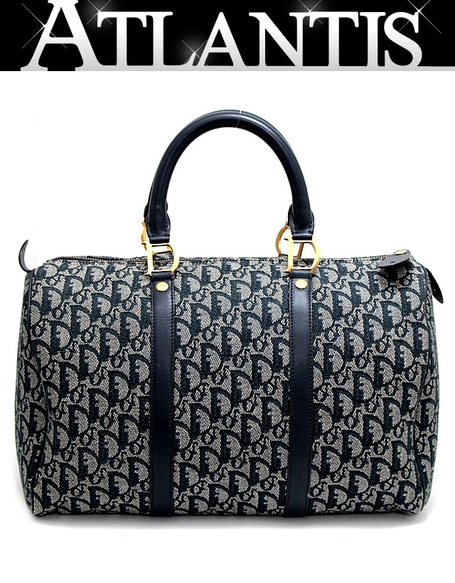 ディオール Christian Dior ヴィンテージ トロッター ミニボストン ハンドバッグ ジャガード ネイビー G金具 【64880】_画像1